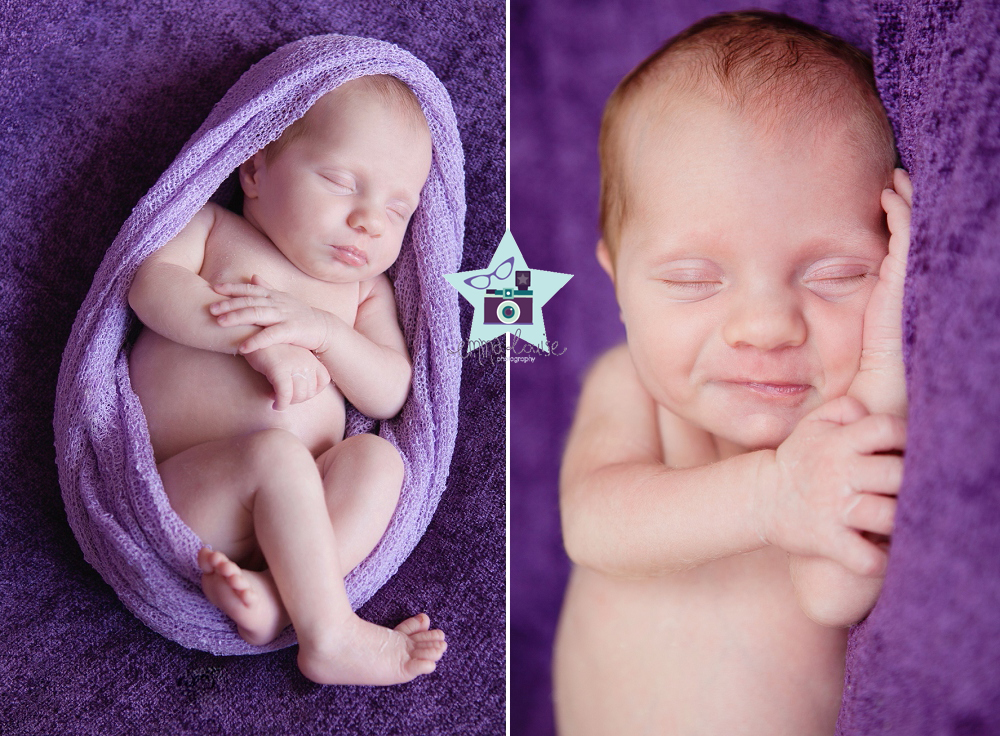 Newborn Photography baby gently wrapped in lilac wrap