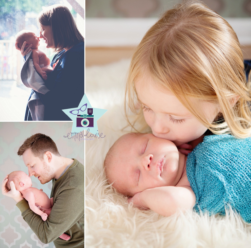 Family portraits - mum dad and big sister pose with newborn baby boy