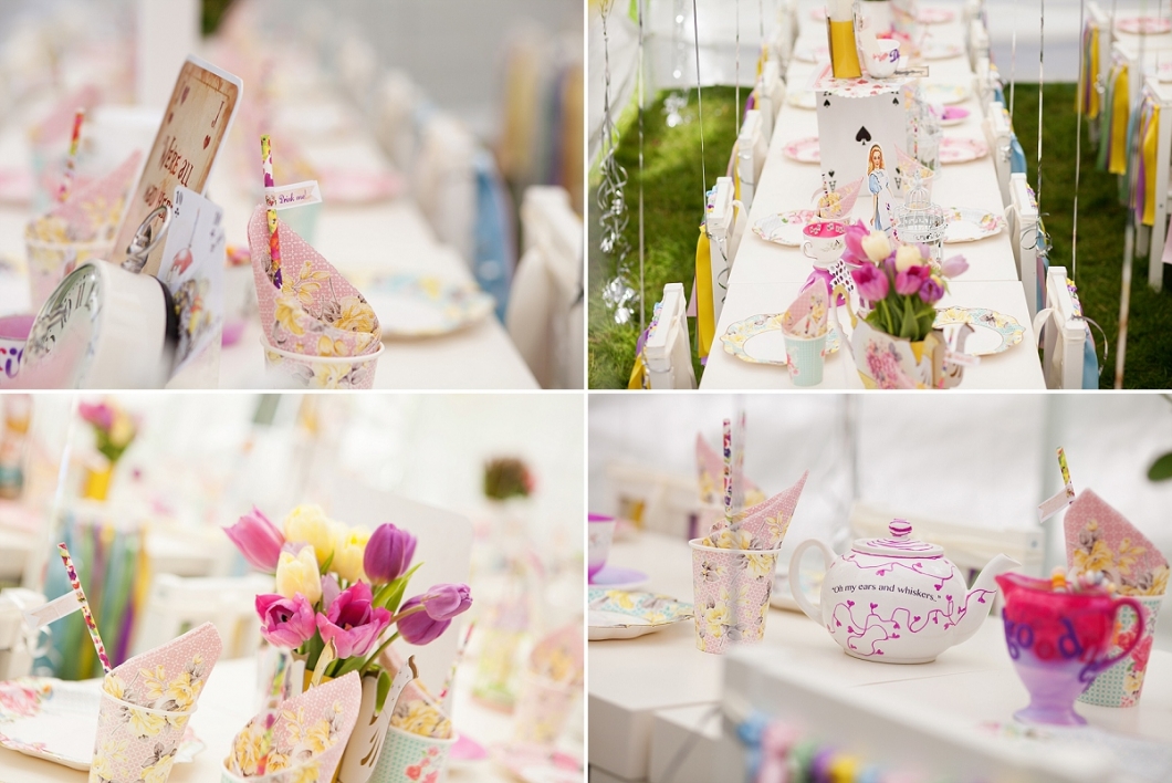 Table decorations at Alice in Wonderland themed kids party photography London