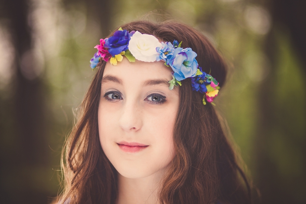 Girl wearing floral head garland - Girl in the Bluebells - Portrait Photography Oxted Surrey